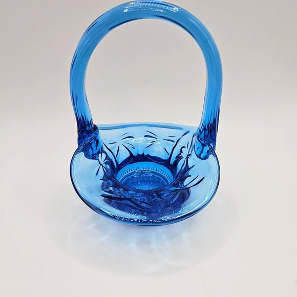 Fenton Glass Blue Mini Basket 4.5 H Wildrose Bowknot Ribbed Handle - Picture 7 of 11